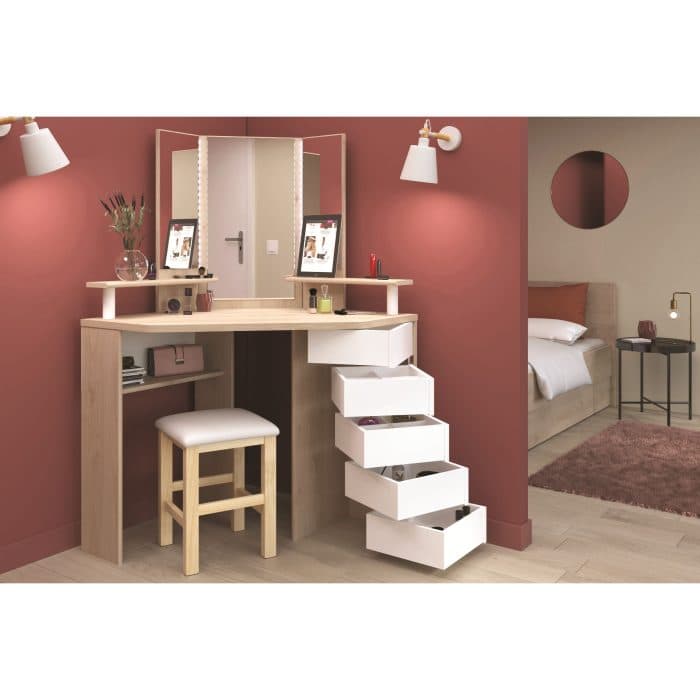 COIFFEUSE 5 TIROIRS + LEDS + MIROIR - CHÊNE  ( SANS TABOURET ) - Image 2