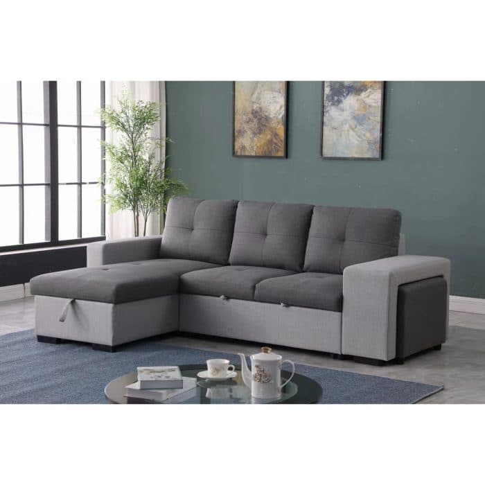 CANAPE D'ANGLE CONVERTIBLE ET REVERSIBLE EN TISSU - GRIS - Image 2