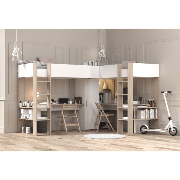 LIT MEZZANINE DOUBLE COMBINE 2 BUREAUX  +  RANGEMENTS + SOMMIERS 2 X 90 X 200 CM - CHÊNE ET BLANC - Image 2