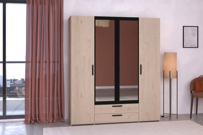 ARMOIRE 4 PORTES + 2 MIROIRS + 2 TIROIRS -  CHENE ET NOIR - Image 2