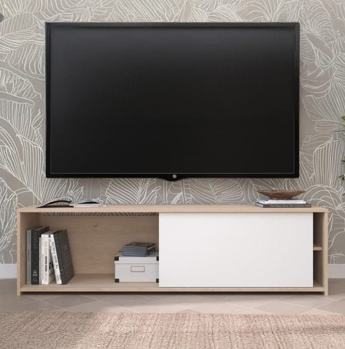 MEUBLE TV 1 PORTE COULISSANES - CHENE ET BLANC - Image 2
