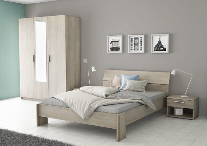 LIT 140 X 190 CM + ARMOIRE 3 PORTES + CHEVET – CHÊNE SHANNON (SANS SOMMIER) - Image 2
