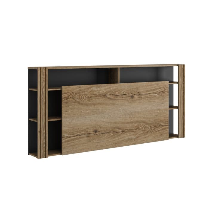 LIT 140 X 190 CM ( SANS SOMMIER ) + TÊTE DE LIT ET MULTIPLE RANGEMENT – CHÊNE ET NOIR - Image 3