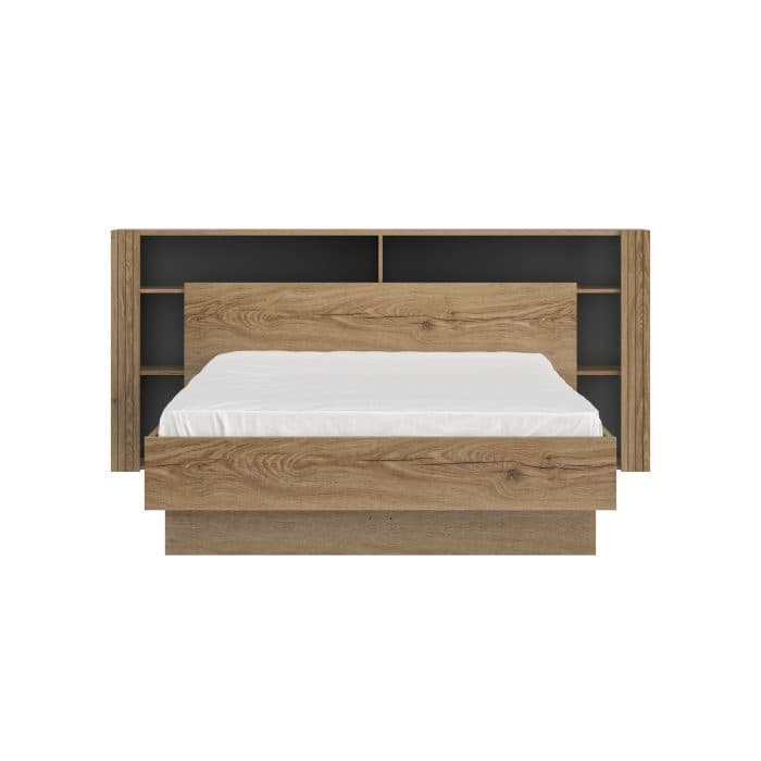 LIT 140 X 190 CM ( SANS SOMMIER ) + TÊTE DE LIT ET MULTIPLE RANGEMENT – CHÊNE ET NOIR - Image 5