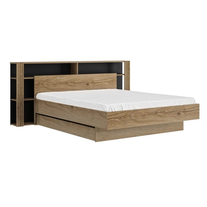 LIT 140 X 190 CM ( SANS SOMMIER ) + TÊTE DE LIT ET MULTIPLE RANGEMENT – CHÊNE ET NOIR - Image 4