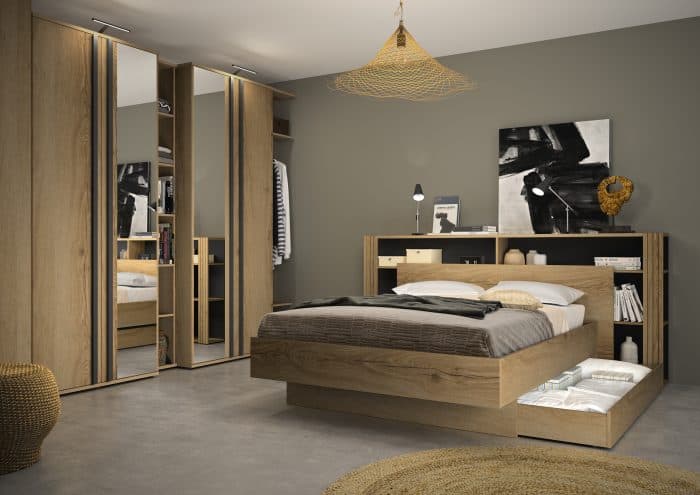 LIT 140 X 190 CM ( SANS SOMMIER ) + TÊTE DE LIT ET MULTIPLE RANGEMENT – CHÊNE ET NOIR - Image 2