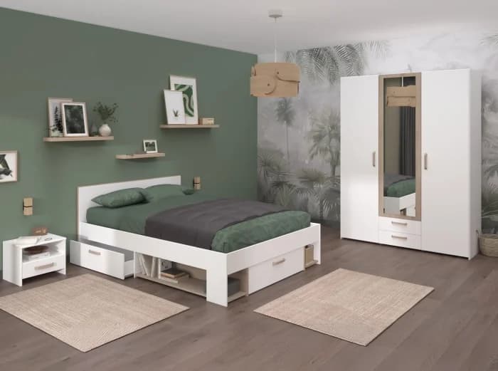 LIT 140 X 200 CM + ARMOIRE 3 PORTES 2 TIROIRS + CHEVET – CHÊNE ET BLANC - Image 2