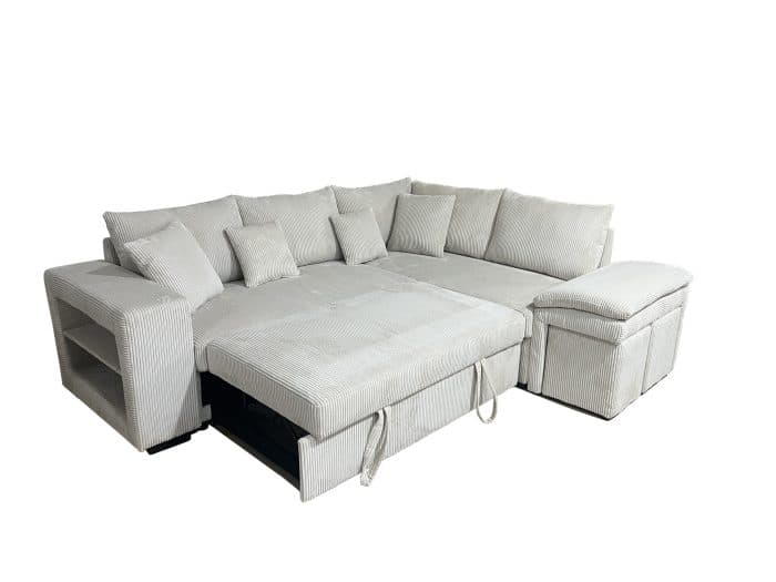CANAPÉ D'ANGLE DROIT AVEC 2 POUFS ET 2 TABLETTES - BEIGE - Image 3