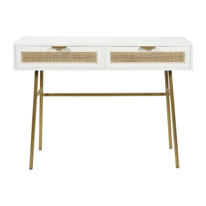 CONSOLE AVEC 2 TIROIRS EN CANNAGE – BLANC ET DORÉ - Image 2
