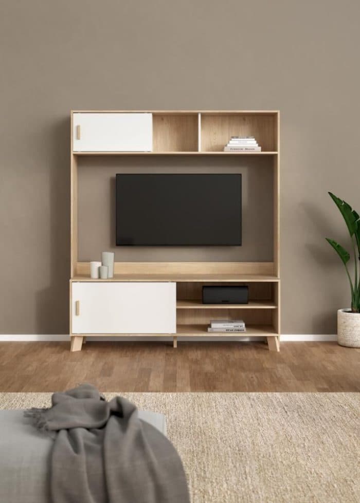 MEUBLE TV LIVING 2 PORTES COULISSANES - BLANC ET CHENE - Image 2