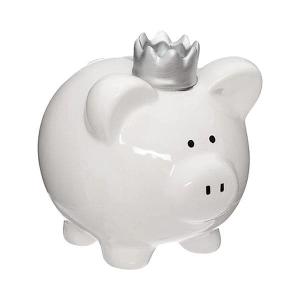 TIRELIRE COCHON AVEC COURONNE – COLORIS BLANC ET ARGENT - Image 2