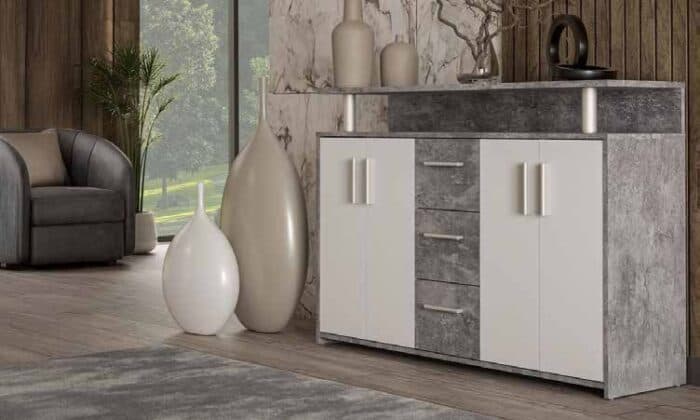 ENFILADE 4 PORTES + 3 TIROIRS - GRIS &amp; BLANC - Image 2
