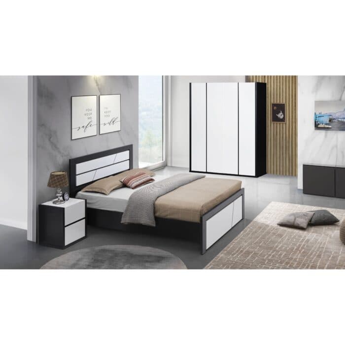 LIT 160 X 200 CM + ARMOIRE 4 PORTES + 1 CHEVETS 2 TIROIRS + SOMMIER - NOIR/BLANC - Image 2