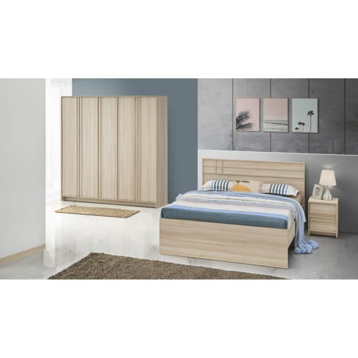 LIT 160 X 200 CM + ARMOIRE 5 PORTES  + 1 CHEVET 2 TIROIRS - CHENE - Image 2