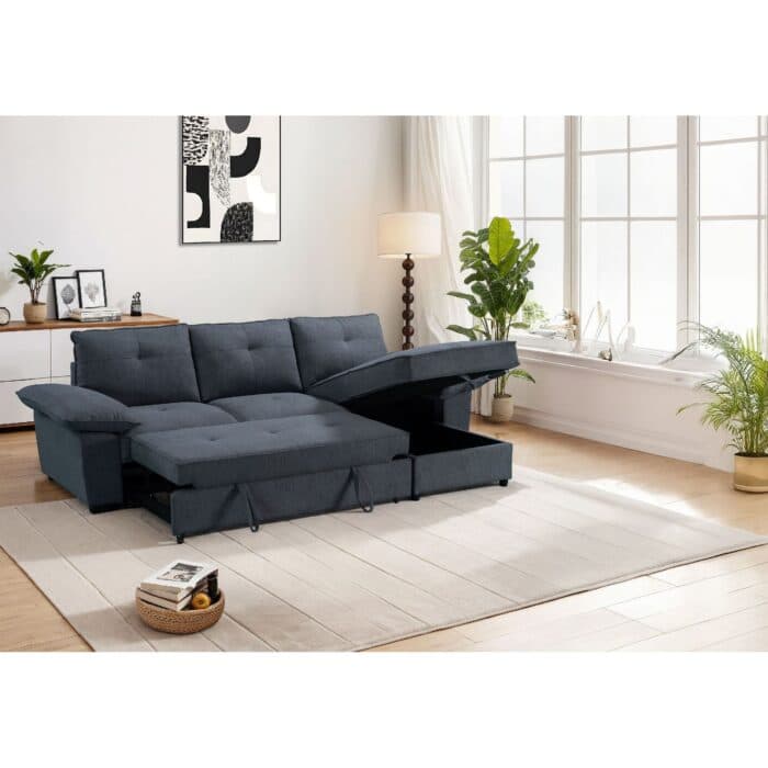 CANAPE D'ANGLE CONVERTIBLE + COFFRE  ET TIROIR LIT INCLUS - GRIS CLAIR - Image 2