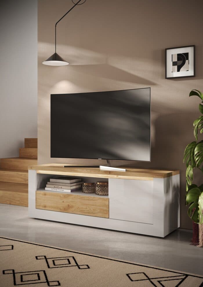 MEUBLE TV 1 PORTE + 1 TIROIR + 1 NICHE - BLANC ET CHÊNE - Image 4