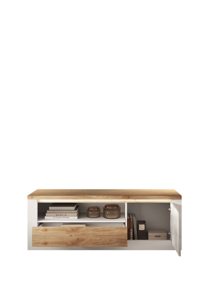 MEUBLE TV 1 PORTE + 1 TIROIR + 1 NICHE - BLANC ET CHÊNE - Image 3
