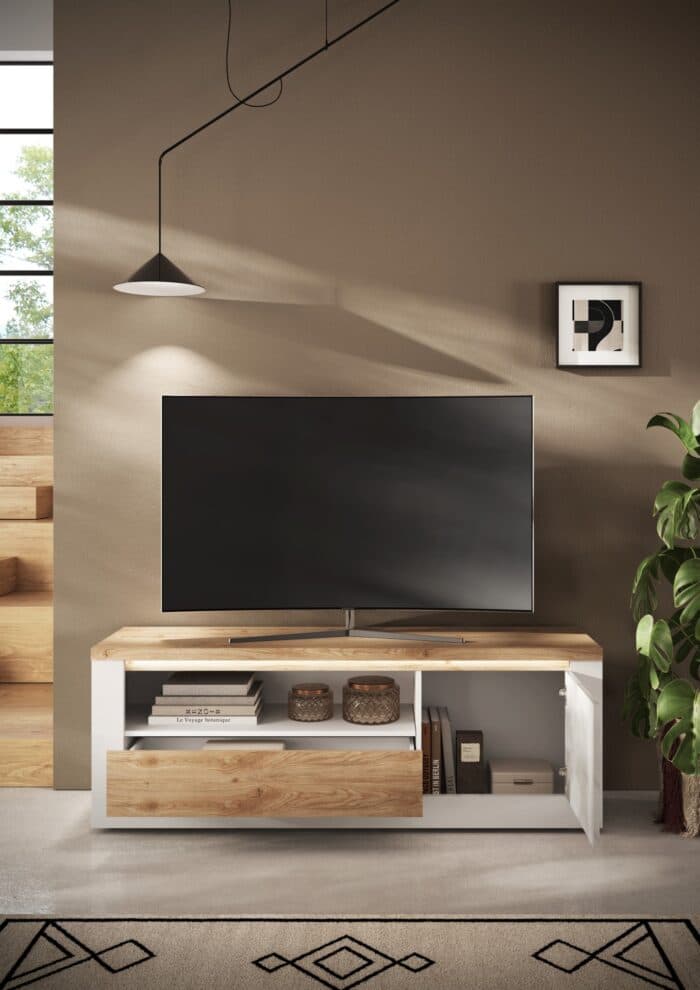 MEUBLE TV 1 PORTE + 1 TIROIR + 1 NICHE - BLANC ET CHÊNE - Image 5