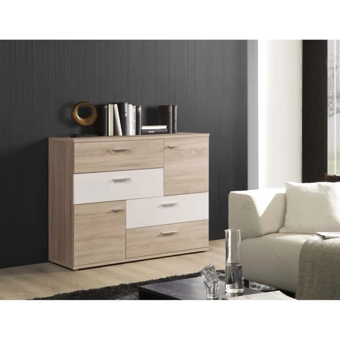 COMMODE 4 TIROIRS ET 2 PORTES - CHENE ET BLANC - Image 2