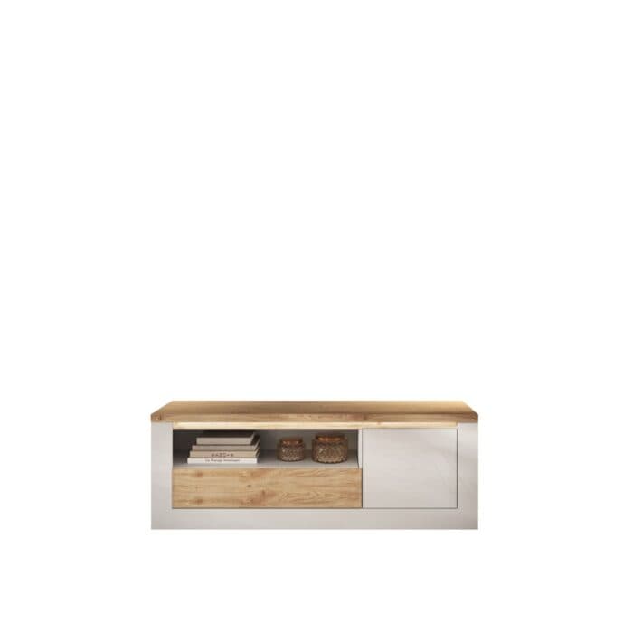 MEUBLE TV 1 PORTE + 1 TIROIR + 1 NICHE - BLANC ET CHÊNE - Image 2