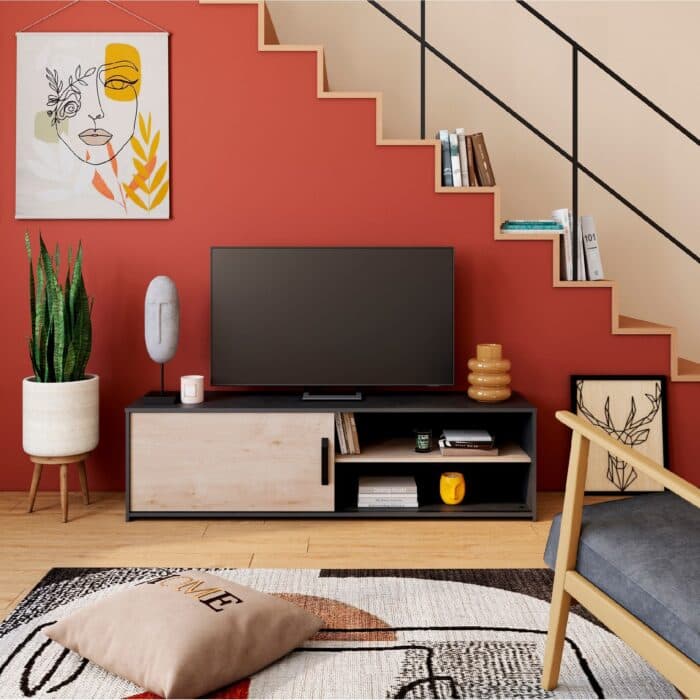 MEUBLE TV 1 PORTE - CHENE JACKSON &amp; NOIR - Image 2