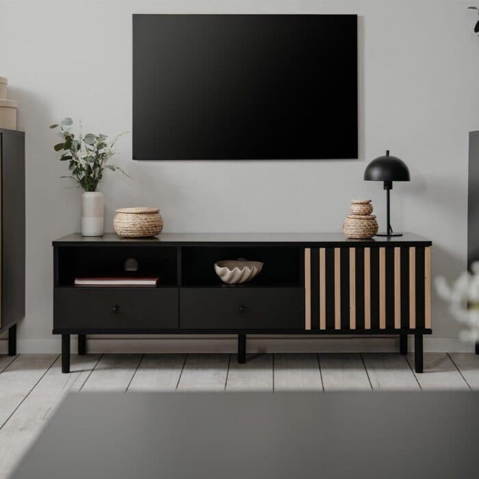 MEUBLE TV 1 PORTES, 2 TIROIRS ET &amp; 2 NICHES - NOIR &amp; CHENE - Image 2