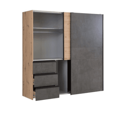 ARMOIRE 2 PORTES COULLISSANTES / 3 TIROIRS - CHËNE ET GRIS - Image 3