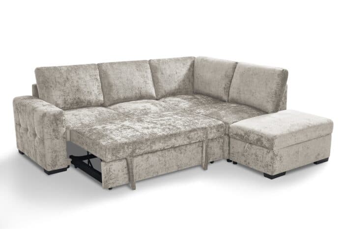 CANAPÉ D'ANGLE DROIT CONVERTIBLE + OTTOMAN EN TISSU - BEIGE - Image 3