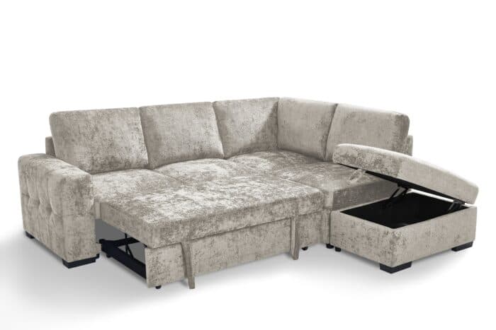 CANAPÉ D'ANGLE DROIT CONVERTIBLE + OTTOMAN EN TISSU - BEIGE - Image 4