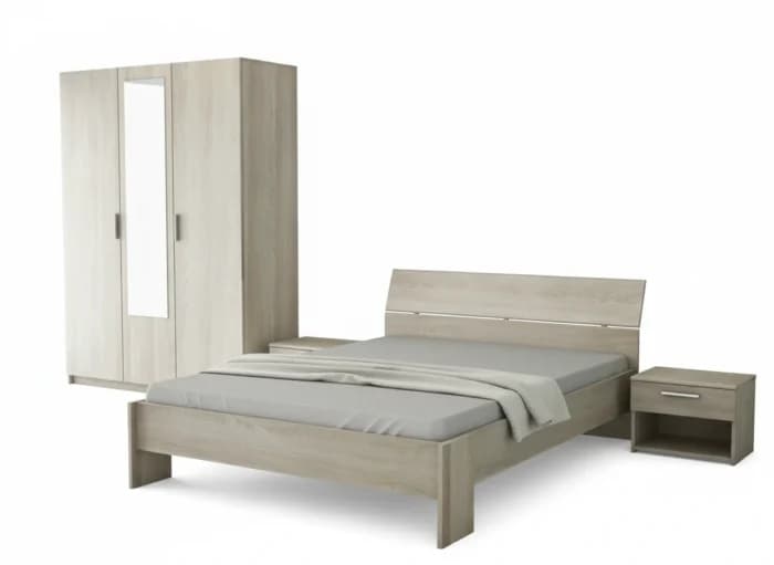 LIT 140 X 190 CM + ARMOIRE 3 PORTES + CHEVET – CHÊNE SHANNON (SANS SOMMIER) - Image 1