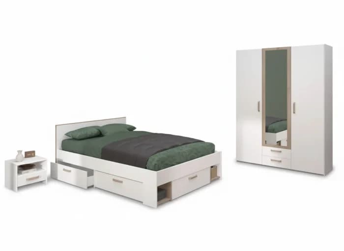 LIT 140 X 200 CM + ARMOIRE 3 PORTES 2 TIROIRS + CHEVET – CHÊNE ET BLANC - Image 1