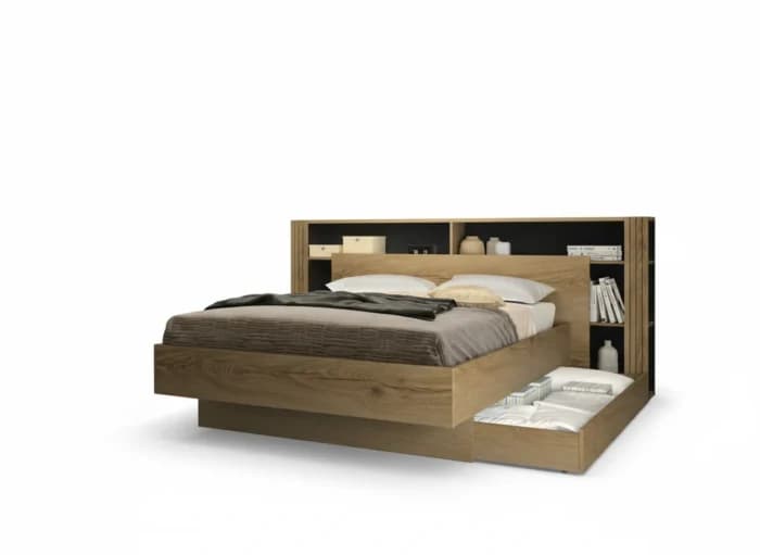 LIT 140 X 190 CM ( SANS SOMMIER ) + TÊTE DE LIT ET MULTIPLE RANGEMENT – CHÊNE ET NOIR - Image 1