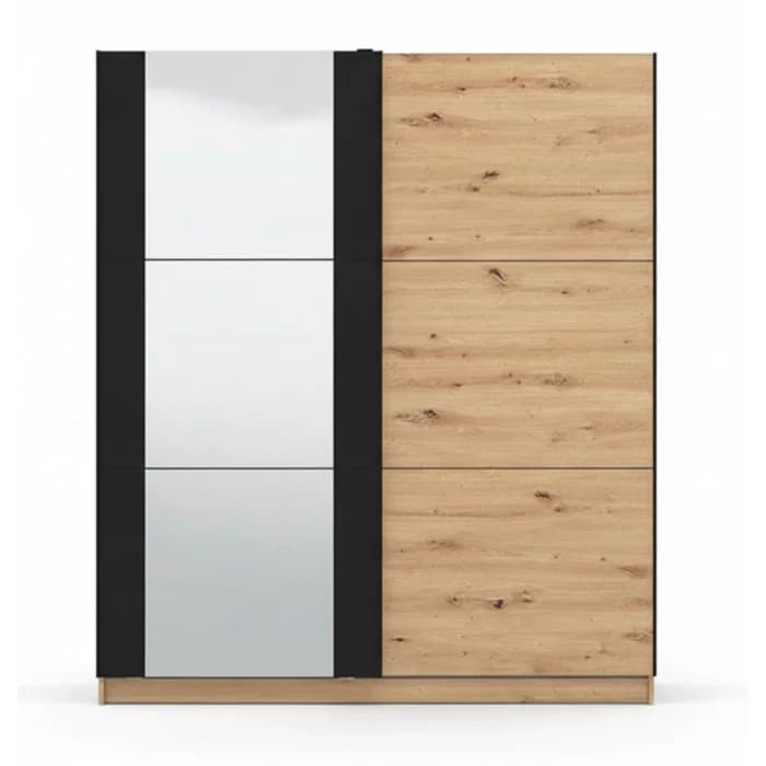 ARMOIRE 2 PORTES COULISSANTES + MIROIR - CHENE ARTISAN &amp; NOIR - Image 1