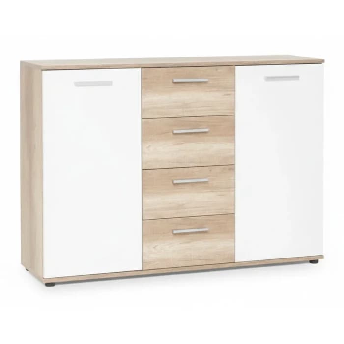 COMMODE 2 PORTES &amp; 4 TIROIRS - BLANC &amp; CHENE JACKY - Image 1