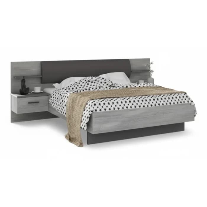 LIT 140X190 + 2 CHEVETS ATTENANTS - GRIS - Image 1