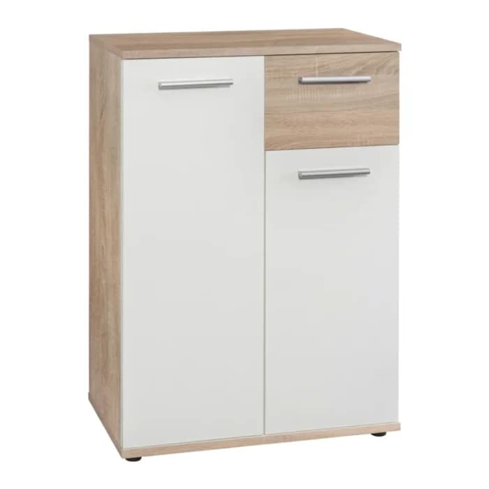 COMMODE 2 PORTES 1 TIROIR - BLANC &amp; CHÊNE SAUVAGE - Image 1