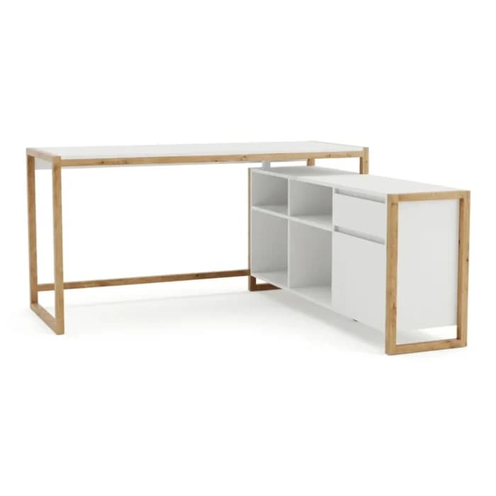 BUREAU D'ANGLE 4 NICHES / 1 TIROIR / 1 PORTE -  BLANC/ CHENE - Image 1