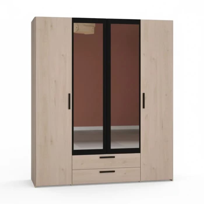 ARMOIRE 4 PORTES + 2 MIROIRS + 2 TIROIRS -  CHENE ET NOIR - Image 1