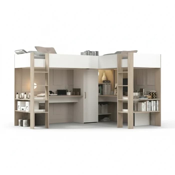 LIT MEZZANINE DOUBLE COMBINE 2 BUREAUX  +  RANGEMENTS + SOMMIERS 2 X 90 X 200 CM - CHÊNE ET BLANC - Image 1