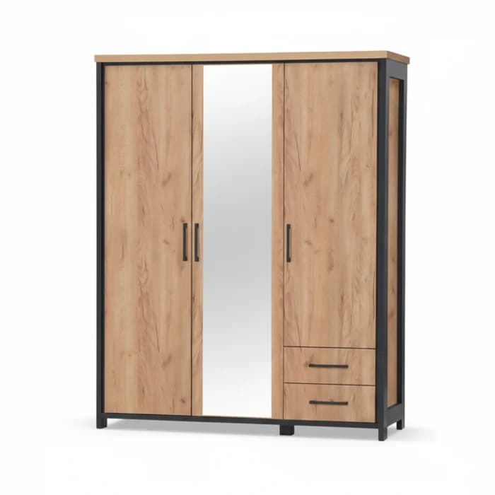 ARMOIRE 3 PORTES ET 2 TIROIRS +1 MIROIR - CHENE ET NOIR - Image 1