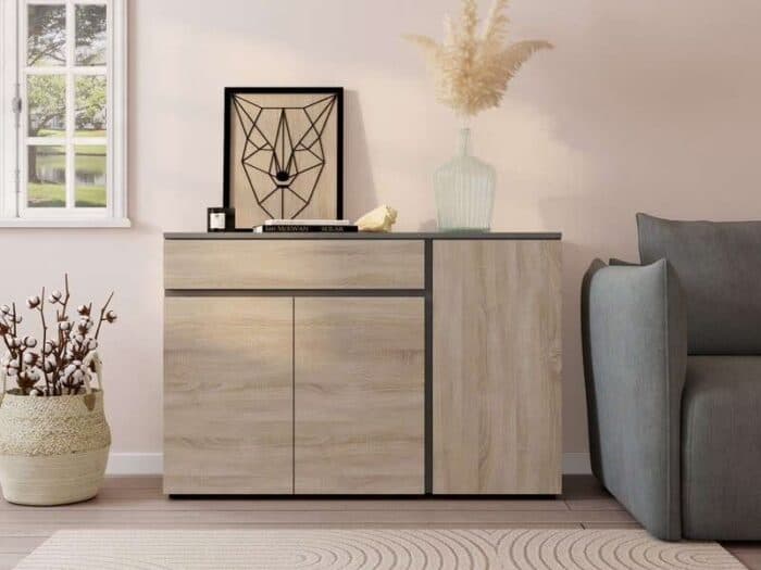 COMMODE 3 PORTES + 1 TIROIR -  CHENE &amp; BETON - Image 2