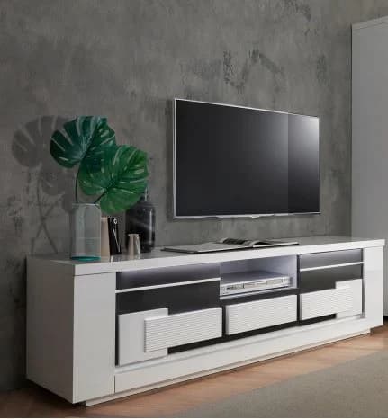 MEUBLE TV 2 PORTES + 1 TIROIR - BLANC &amp; GRIS - Image 2