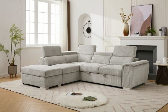 CANAPE D'ANGLE GAUCHE CONVERTIBLE + POUF DE RANGEMENT - BEIGE - Image 2