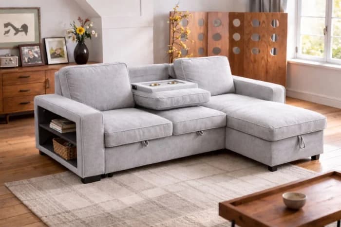 CANAPÉ D'ANGLE CONVERTIBLE &amp; RÉVERSIBLE AVEC COFFRE DE RANGEMENT - GRIS CLAIR - Image 2