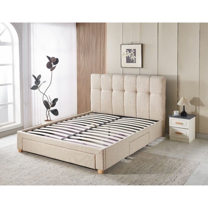 LIT + SOMMIER + 3 TIROIRS 160X200 CM EN TISSU - BEIGE - Image 2