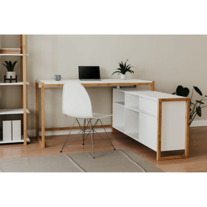 BUREAU D'ANGLE 4 NICHES / 1 TIROIR / 1 PORTE -  BLANC/ CHENE - Image 2