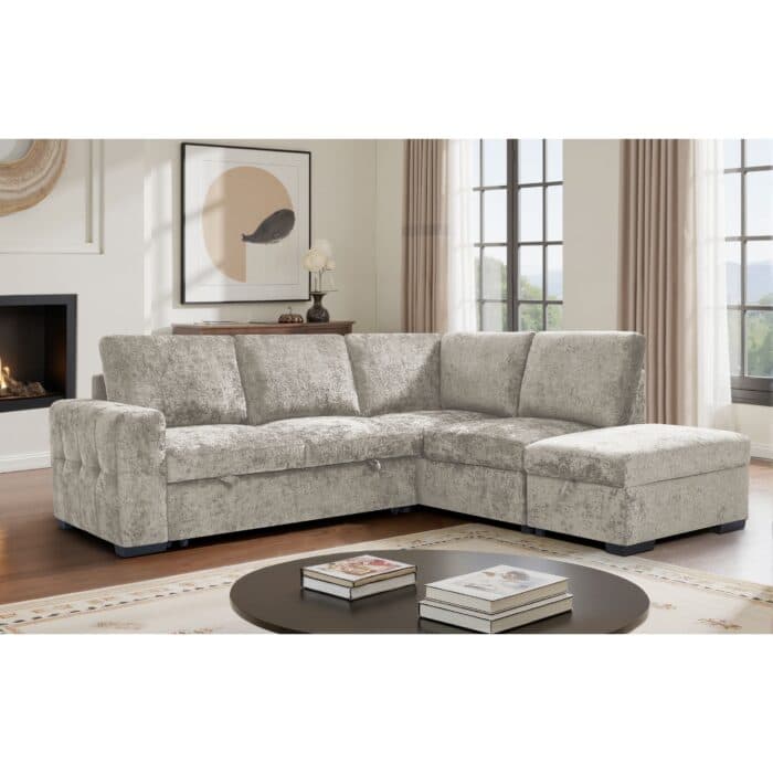 CANAPÉ D'ANGLE DROIT CONVERTIBLE + OTTOMAN EN TISSU - BEIGE - Image 2
