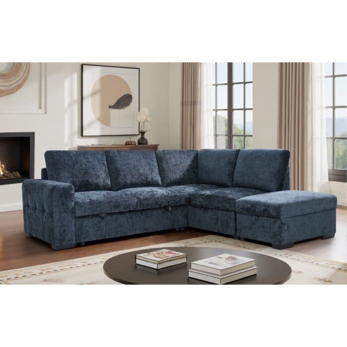 CANAPÉ D'ANGLE DROIT CONVERTIBLE + OTTOMAN EN TISSU - BLEU FONCÉ - Image 2