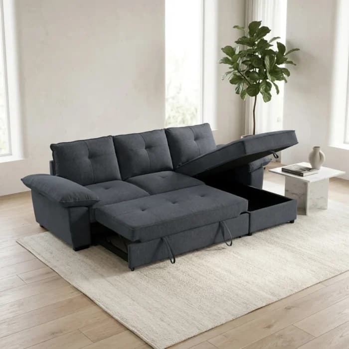 CANAPE D'ANGLE CONVERTIBLE + COFFRE  ET TIROIR LIT INCLUS - GRIS CLAIR - Image 1