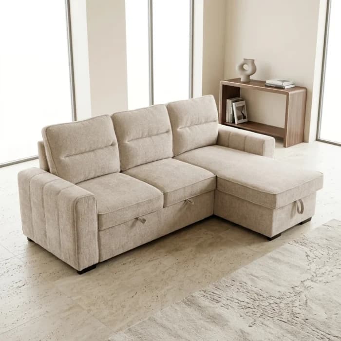 CANAPE D'ANGLE REVERSIBLE &amp; CONVERTIBLE AVEC COFFRE - BEIGE - Image 1